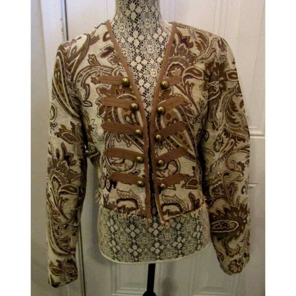 Adore Baroque Inspired Khaki Paisley Cropped Jacket Raw Hem Retails NWT $150 S - Picture 2 of 11